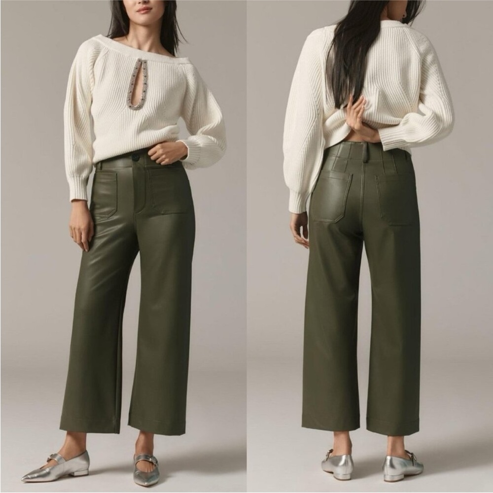 Anthropologie Maeve Colette Cropped Wide Leg Pants Faux Leather Holly Green 28 - Picture 2 of 7